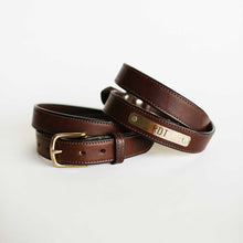 Load image into Gallery viewer, Gentleman's Leather Stitched Belt with Brass Nameplate