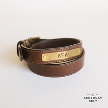 Load image into Gallery viewer, Gentleman&#39;s Leather Stitched Belt with Brass Nameplate